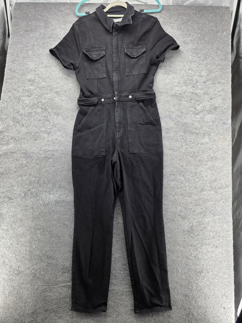 Good American Jumpsuit Womens 4 Black Utility Pockets Belted Button Front